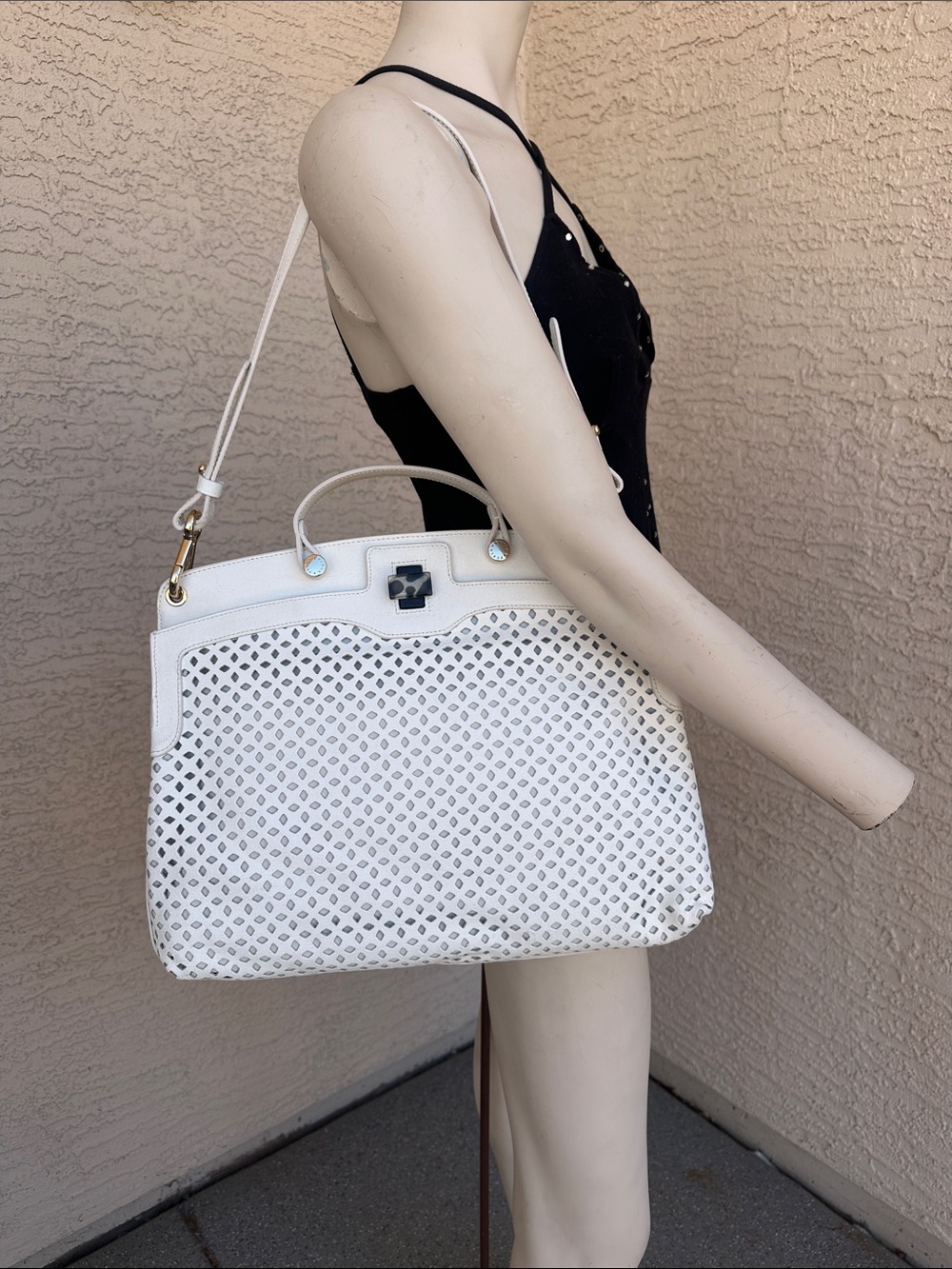 Furla “Piper” White Perforated Leather Tote with Top Handle